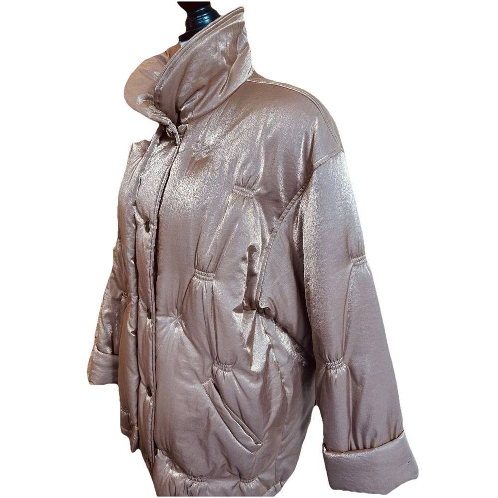 J. Gallery Puffer Coat Windbreaker Quilted Down Jacket Shiny Metallic  Gold Sz M